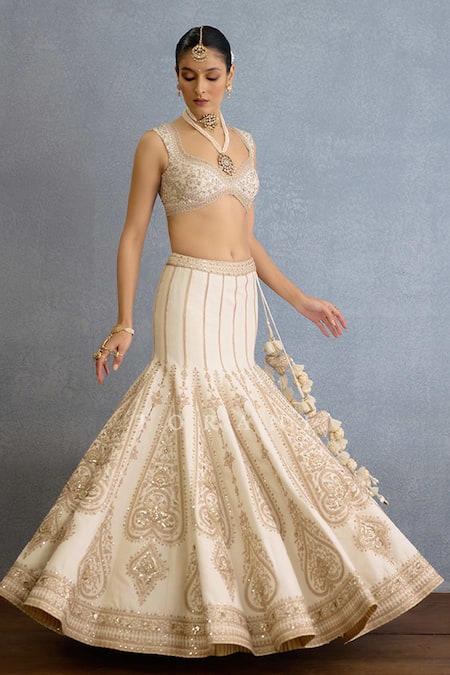 Torani_Ivory Silk, Jersey, Organza Pearls, Zari Embroidered Mermaid Lehenga Set _at_Aza_Fashions