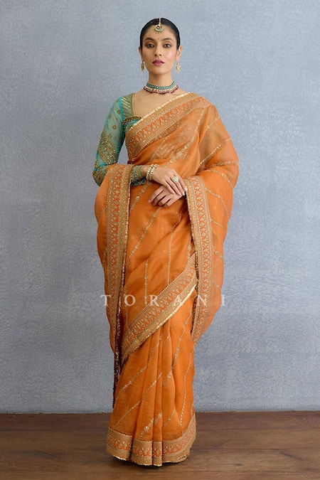 Torani Embroidered Orange Saree Set With Blouse 