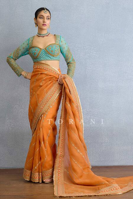 Shop Torani Orange Organza Embroidery, Sequins Sweetheart Neck Saree Set With Blouse at Aza Fashions Shop_Torani_Orange Organza Embroidery, Sequins Sweetheart Neck Saree Set With Blouse_at_Aza_Fashions