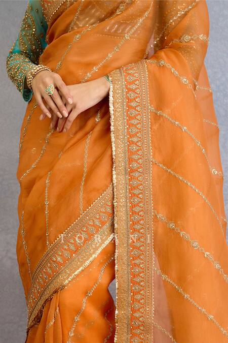 Torani Orange Organza Embroidery, Sequins Sweetheart Neck Saree Set With Blouse Online at Aza Fashions Torani_Orange Organza Embroidery, Sequins Sweetheart Neck Saree Set With Blouse_Online_at_Aza_Fashions