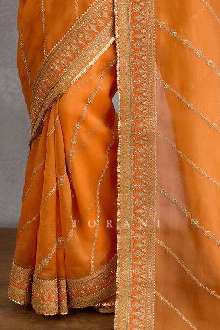 Buy Torani Orange Organza Embroidery, Sequins Sweetheart Neck Saree Set With Blouse Online at Aza Fashions Buy_Torani_Orange Organza Embroidery, Sequins Sweetheart Neck Saree Set With Blouse_Online_at_Aza_Fashions