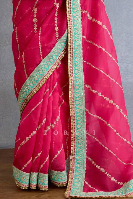 Torani_Pink Organza Diamonds, Embroidery, Sequins, Pearls Sweetheart Dori Saree Set_Online_at_Aza_Fashions