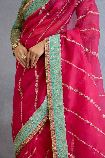 Buy_Torani_Pink Organza Diamonds, Embroidery, Sequins, Pearls Sweetheart Dori Saree Set_Online_at_Aza_Fashions