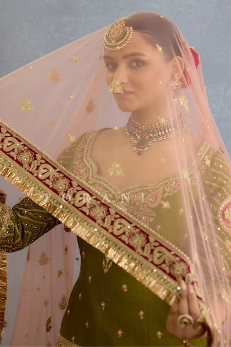 Torani_Green Jersey, Silk, Net Pearls, Sequins, Dori Embroidered Kurta Sharara Set _Online_at_Aza_Fashions