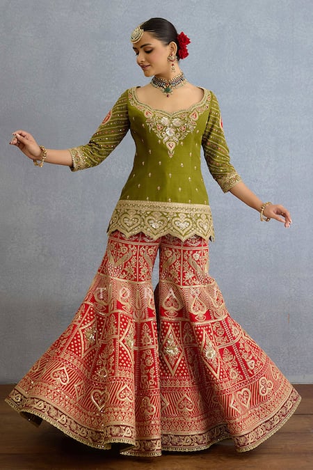 Buy_Torani_Green Jersey, Silk, Net Pearls, Sequins, Dori Embroidered Kurta Sharara Set _Online_at_Aza_Fashions