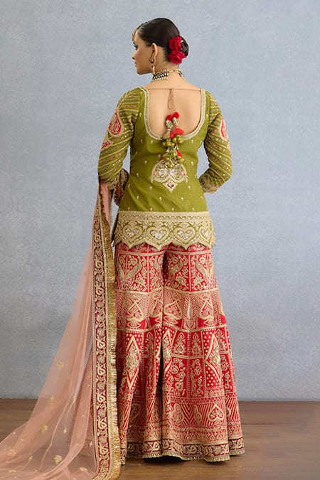 Shop_Torani_Green Jersey, Silk, Net Pearls, Sequins, Dori Embroidered Kurta Sharara Set _at_Aza_Fashions