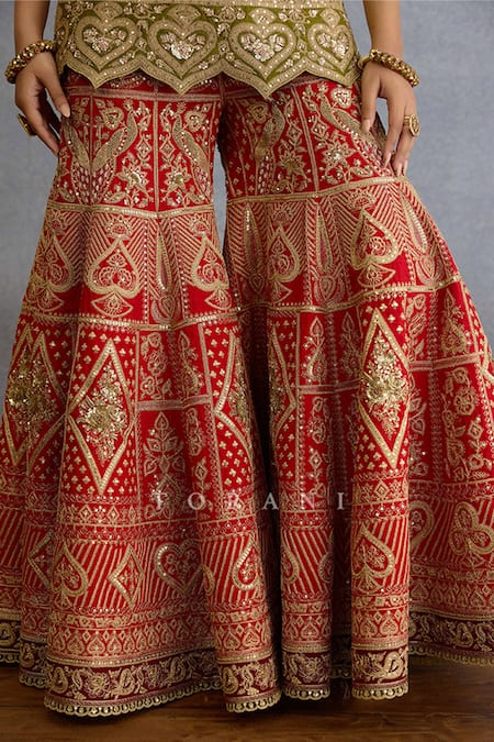 Shop_Torani_Green Jersey, Silk, Net Pearls, Sequins, Dori Embroidered Kurta Sharara Set _Online_at_Aza_Fashions