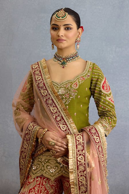 Torani_Green Jersey, Silk, Net Pearls, Sequins, Dori Embroidered Kurta Sharara Set _at_Aza_Fashions