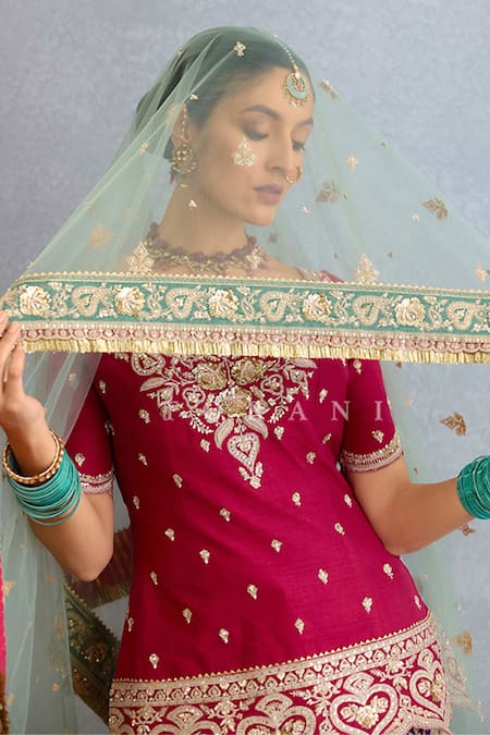 Torani_Pink Jersey, Silk, Net Pearls, Sequins, Dori Embroidered Kurta Sharara Set _Online_at_Aza_Fashions