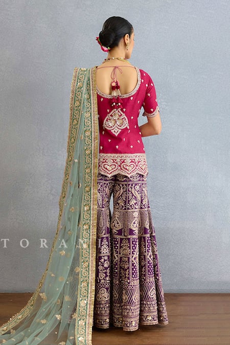 Shop_Torani_Pink Jersey, Silk, Net Pearls, Sequins, Dori Embroidered Kurta Sharara Set _at_Aza_Fashions