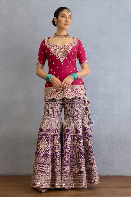 Shop_Torani_Pink Jersey, Silk, Net Pearls, Sequins, Dori Embroidered Kurta Sharara Set _Online_at_Aza_Fashions