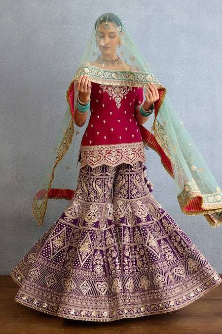 Torani_Pink Jersey, Silk, Net Pearls, Sequins, Dori Embroidered Kurta Sharara Set _at_Aza_Fashions