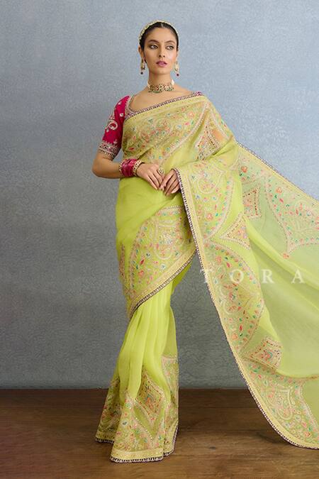 Torani_Green Organza Embroidery, Sequins, Mirrors Geometric Saree Set _Online_at_Aza_Fashions