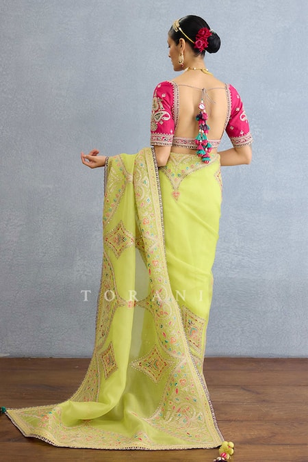 Shop_Torani_Green Organza Embroidery, Sequins, Mirrors Geometric Saree Set _at_Aza_Fashions