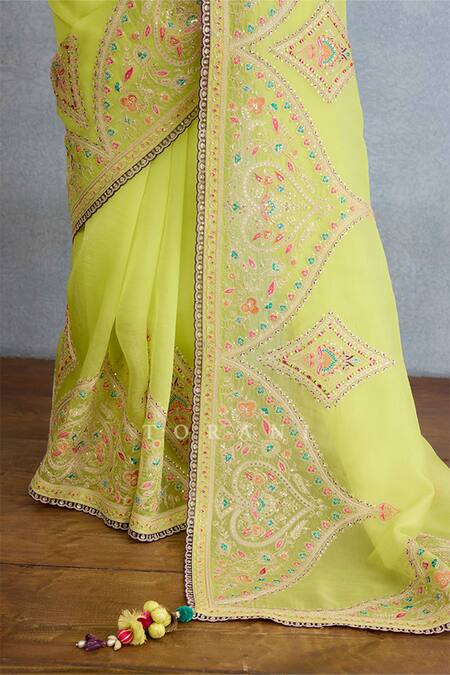 Buy_Torani_Green Organza Embroidery, Sequins, Mirrors Geometric Saree Set _Online_at_Aza_Fashions