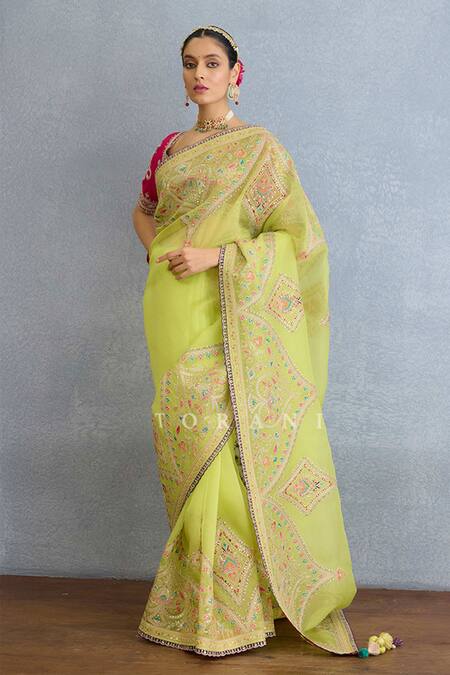 Shop_Torani_Green Organza Embroidery, Sequins, Mirrors Geometric Saree Set _Online_at_Aza_Fashions