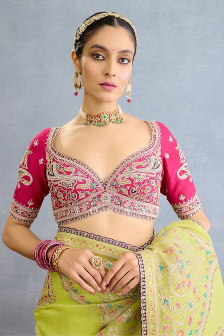 Torani_Green Organza Embroidery, Sequins, Mirrors Geometric Saree Set _at_Aza_Fashions