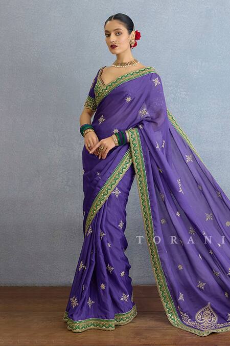 Torani Purple Georgette, Chiffon Sequins, Diamonds, Floral Dabka Embroidered Saree Set Online at Aza Fashions Torani_Purple Georgette, Chiffon Sequins, Diamonds, Floral Dabka Embroidered Saree Set_Online_at_Aza_Fashions