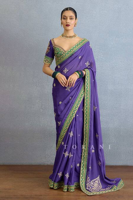 Shop Torani Purple Georgette, Chiffon Sequins, Diamonds, Floral Dabka Embroidered Saree Set Online at Aza Fashions Shop_Torani_Purple Georgette, Chiffon Sequins, Diamonds, Floral Dabka Embroidered Saree Set_Online_at_Aza_Fashions