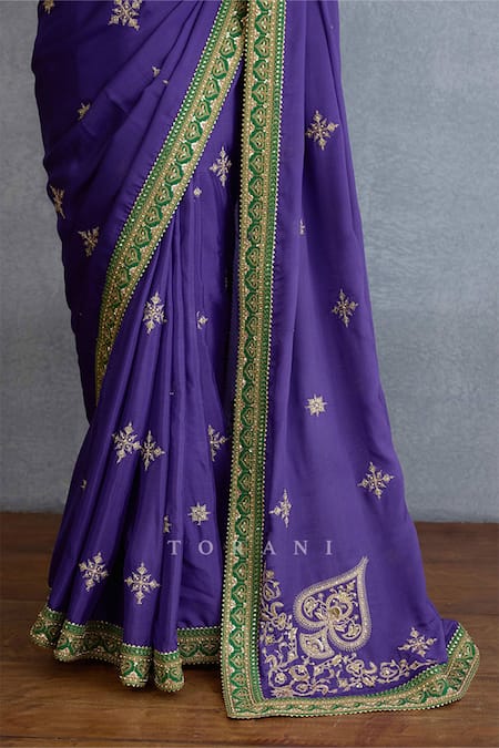 Torani Purple Georgette, Chiffon Sequins, Diamonds, Floral Dabka Embroidered Saree Set at Aza Fashions Torani_Purple Georgette, Chiffon Sequins, Diamonds, Floral Dabka Embroidered Saree Set_at_Aza_Fashions