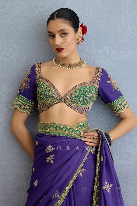 Buy Torani Purple Georgette, Chiffon Sequins, Diamonds, Floral Dabka Embroidered Saree Set Buy_Torani_Purple Georgette, Chiffon Sequins, Diamonds, Floral Dabka Embroidered Saree Set