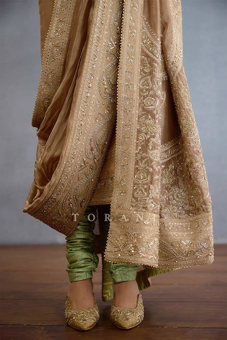 Torani_Gold Jersey, Brocade Pearls, Sequins, Embroidery Zari Kurta Set With Dupatta _Online_at_Aza_Fashions
