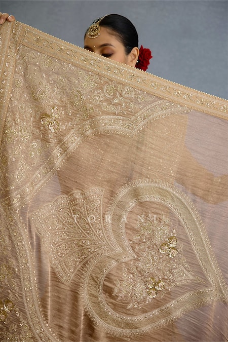 Shop_Torani_Gold Jersey, Brocade Pearls, Sequins, Embroidery Zari Kurta Set With Dupatta _Online_at_Aza_Fashions