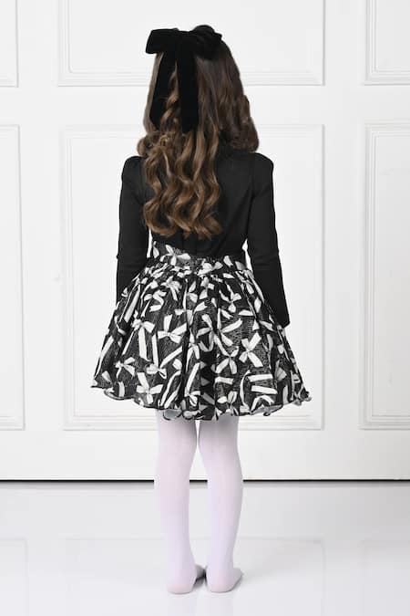 Shop The Pony & Peony Co. Black Cotton Top And Bow Printed Skirt Set at Aza Fashions Shop_The Pony & Peony Co._Black Cotton Top And Bow Printed Skirt Set _at_Aza_Fashions