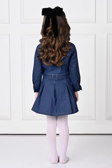 Shop The Pony & Peony Co. Blue Denim, Cotton Flared Dress With Gold Buttons at Aza Fashions Shop_The Pony & Peony Co._Blue Denim, Cotton Flared Dress With Gold Buttons _at_Aza_Fashions