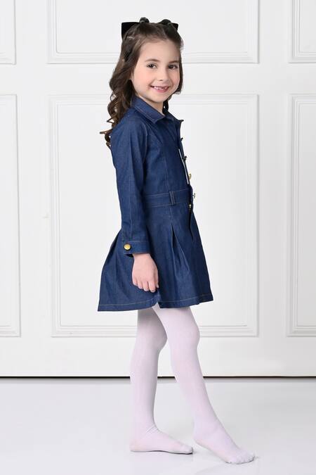 The Pony & Peony Co. Blue Denim, Cotton Flared Dress With Gold Buttons Online at Aza Fashions The Pony & Peony Co._Blue Denim, Cotton Flared Dress With Gold Buttons _Online_at_Aza_Fashions