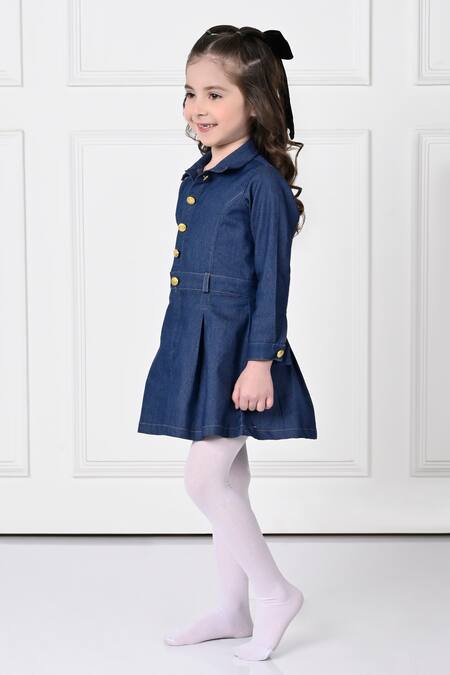 Buy The Pony & Peony Co. Blue Denim, Cotton Flared Dress With Gold Buttons Online at Aza Fashions Buy_The Pony & Peony Co._Blue Denim, Cotton Flared Dress With Gold Buttons _Online_at_Aza_Fashions