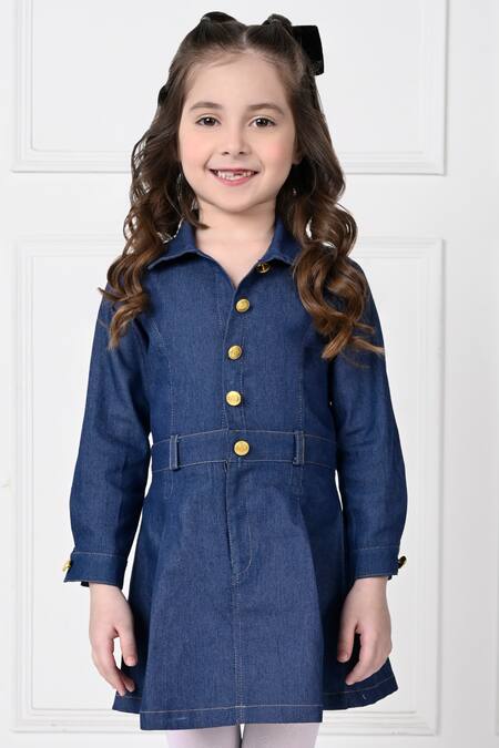 Shop The Pony & Peony Co. Blue Denim, Cotton Flared Dress With Gold Buttons Online at Aza Fashions Shop_The Pony & Peony Co._Blue Denim, Cotton Flared Dress With Gold Buttons _Online_at_Aza_Fashions