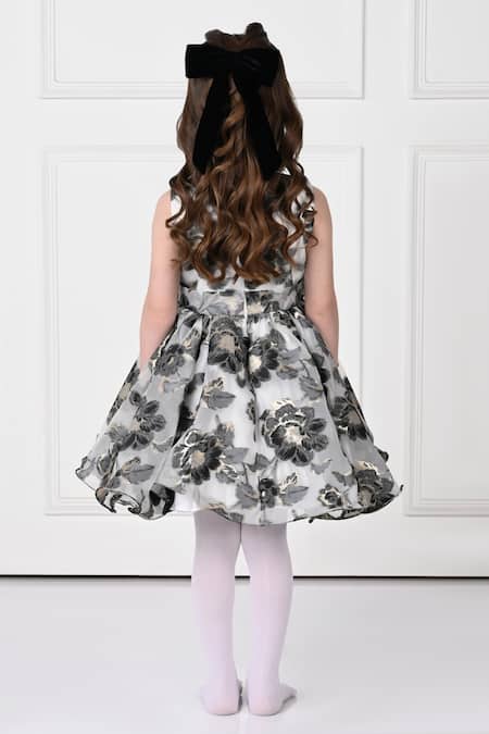 Shop The Pony & Peony Co. Black Organza, Linen And White Floral Print Flared Dress at Aza Fashions Shop_The Pony & Peony Co._Black Organza, Linen And White Floral Print Flared Dress _at_Aza_Fashions