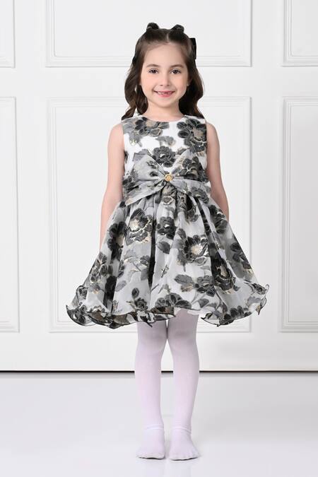 The Pony & Peony Co. Black Organza, Linen And White Floral Print Flared Dress Online at Aza Fashions The Pony & Peony Co._Black Organza, Linen And White Floral Print Flared Dress _Online_at_Aza_Fashions