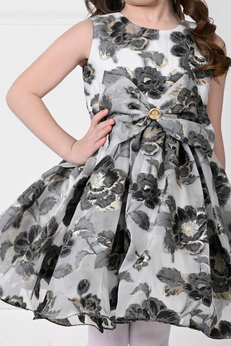 The Pony & Peony Co. Black Organza, Linen And White Floral Print Flared Dress at Aza Fashions The Pony & Peony Co._Black Organza, Linen And White Floral Print Flared Dress _at_Aza_Fashions
