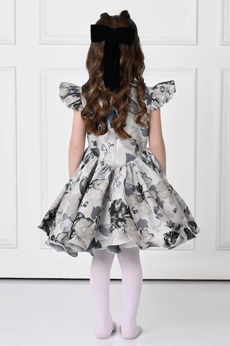 Shop The Pony & Peony Co. Black Jacquard, Cotton Bows Floral Print Dress at Aza Fashions Shop_The Pony & Peony Co._Black Jacquard, Cotton Bows Floral Print Dress _at_Aza_Fashions
