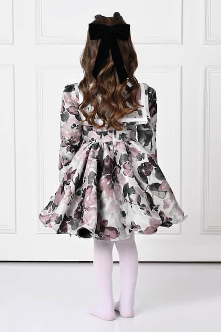 Shop The Pony & Peony Co. Black Jacquard Bows And White Floral Print Flared Dress at Aza Fashions Shop_The Pony & Peony Co._Black Jacquard Bows And White Floral Print Flared Dress _at_Aza_Fashions