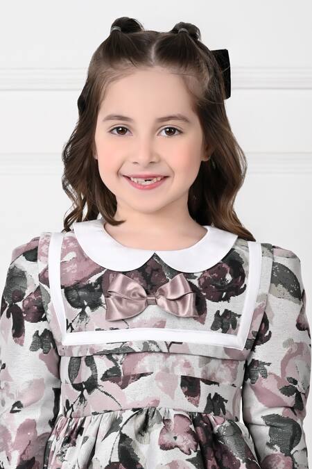 Shop The Pony & Peony Co. Black Jacquard Bows And White Floral Print Flared Dress Online at Aza Fashions Shop_The Pony & Peony Co._Black Jacquard Bows And White Floral Print Flared Dress _Online_at_Aza_Fashions