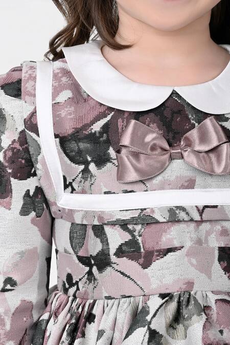 The Pony & Peony Co. Black Jacquard Bows And White Floral Print Flared Dress at Aza Fashions The Pony & Peony Co._Black Jacquard Bows And White Floral Print Flared Dress _at_Aza_Fashions