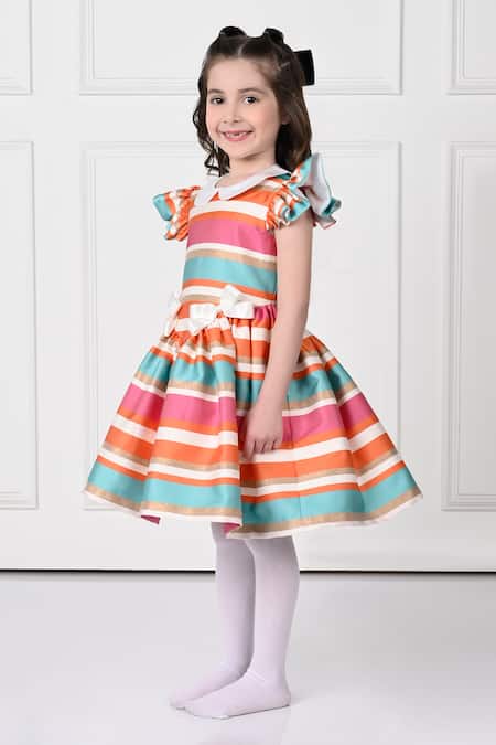 The Pony & Peony Co._Multi Color Jacquard, Cotton Bows Multicolored Striped Dress With Details _Online_at_Aza_Fashions