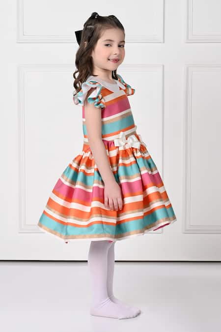Buy_The Pony & Peony Co._Multi Color Jacquard, Cotton Bows Multicolored Striped Dress With Details _Online_at_Aza_Fashions