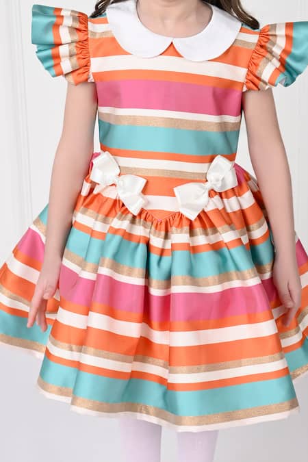 Shop_The Pony & Peony Co._Multi Color Jacquard, Cotton Bows Multicolored Striped Dress With Details _Online_at_Aza_Fashions