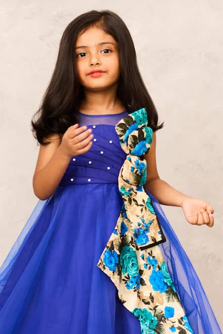 Pinkcow designs pvt ltd_Blue Net, Cotton Pearls Quilted Bodice Gown With Printed Bow _Online_at_Aza_Fashions