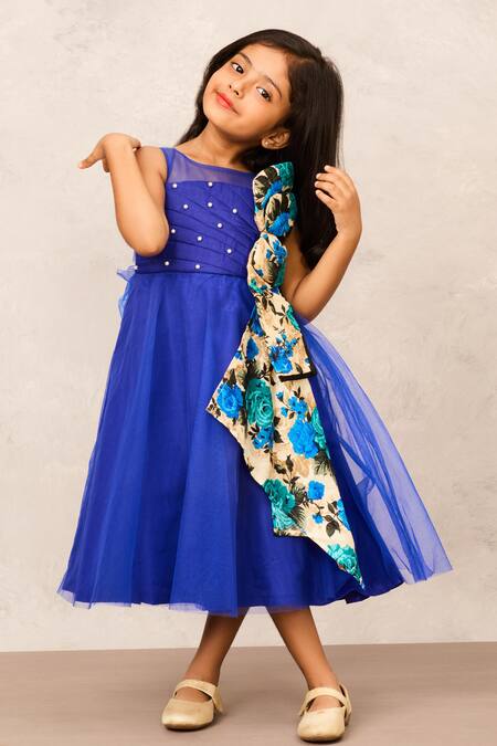 Buy_Pinkcow designs pvt ltd_Blue Net, Cotton Pearls Quilted Bodice Gown With Printed Bow _Online_at_Aza_Fashions