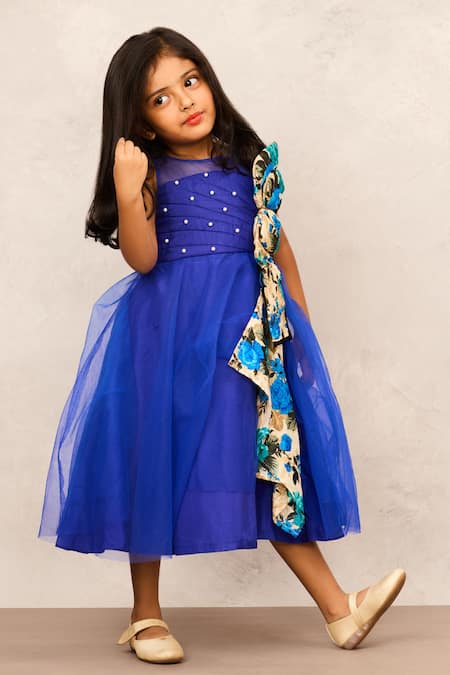 Shop_Pinkcow designs pvt ltd_Blue Net, Cotton Pearls Quilted Bodice Gown With Printed Bow _Online_at_Aza_Fashions