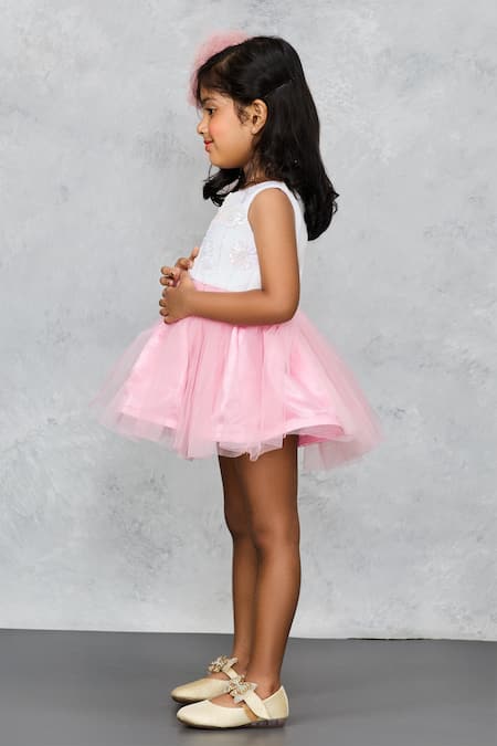 Pinkcow designs pvt ltd Pink Net, Cotton Sequins Bloom Embroidered Dress Online at Aza Fashions Pinkcow designs pvt ltd_Pink Net, Cotton Sequins Bloom Embroidered Dress _Online_at_Aza_Fashions