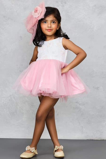 Pinkcow designs pvt ltd Pink Net, Cotton Sequins Bloom Embroidered Dress at Aza Fashions Pinkcow designs pvt ltd_Pink Net, Cotton Sequins Bloom Embroidered Dress _at_Aza_Fashions