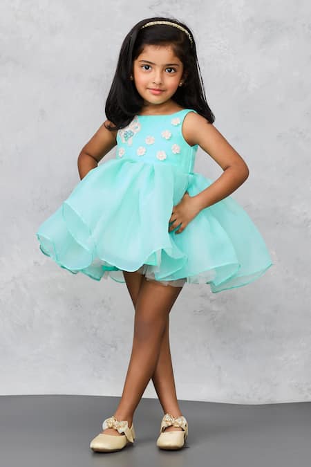 Buy_Pinkcow designs pvt ltd_Blue Organza, Cotton Sequins, Fabric Flowers Bloom Applique Dress _Online_at_Aza_Fashions