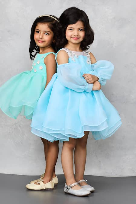 Shop_Pinkcow designs pvt ltd_Blue Organza, Cotton Sequins, Fabric Flowers Bloom Applique Dress _Online_at_Aza_Fashions