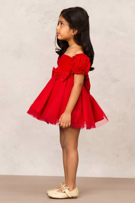 Pinkcow designs pvt ltd_Red Net, Velvet Bows Embellished Off Shoulder Dress _Online_at_Aza_Fashions